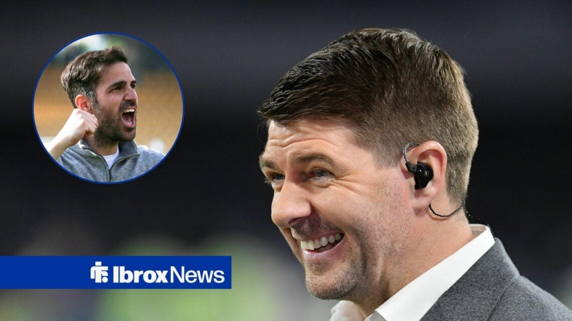 Steven Gerrard smiling at Cesc Fabregas in circular inset