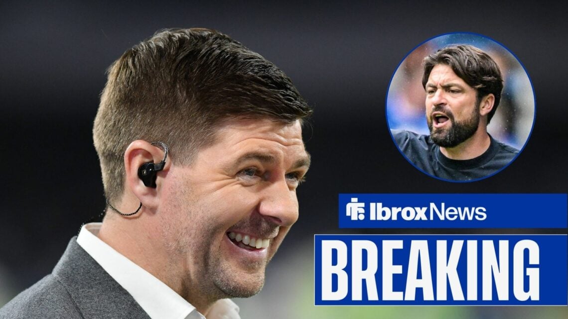Steven Gerrard smiling at Russell Martin in circular inset