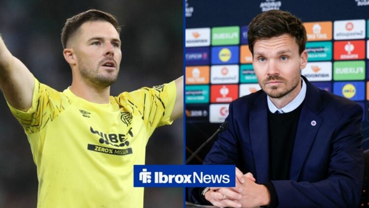 A split image as Rangers goalkeeper Jack Butland stands with arms raised during a game, as Danny Rohl looks concerned during a press conference.