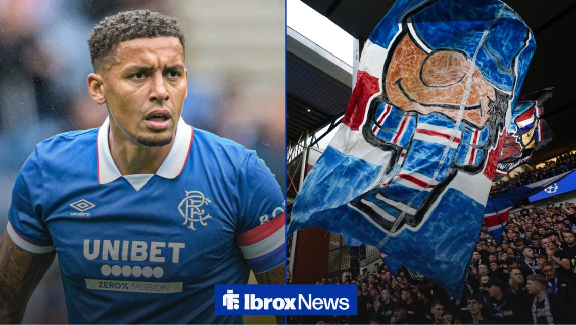 A split image as Rangers captain James Tavernier stands on the left side of the image, as Rangers fans wave a giant flag at Ibrox on the right.