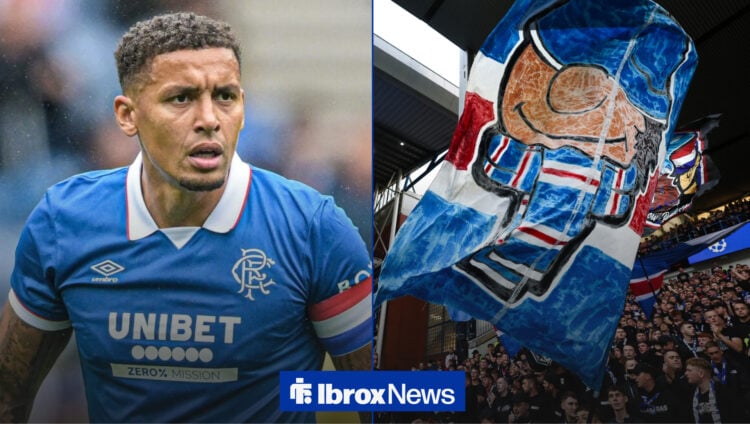 A split image as Rangers captain James Tavernier stands on the left side of the image, as Rangers fans wave a giant flag at Ibrox on the right.