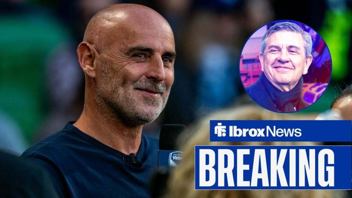 Breaking news as Rangers-linked manager Kevin Muscat smiles while being interviewed, as chairman ANderw Cavenagh smirks in a circular inset.