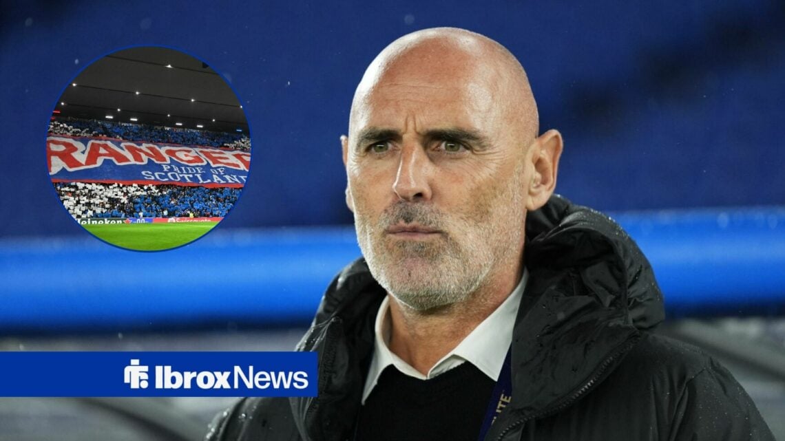 Kevin Muscat looking stern, Rangers fans in inset.