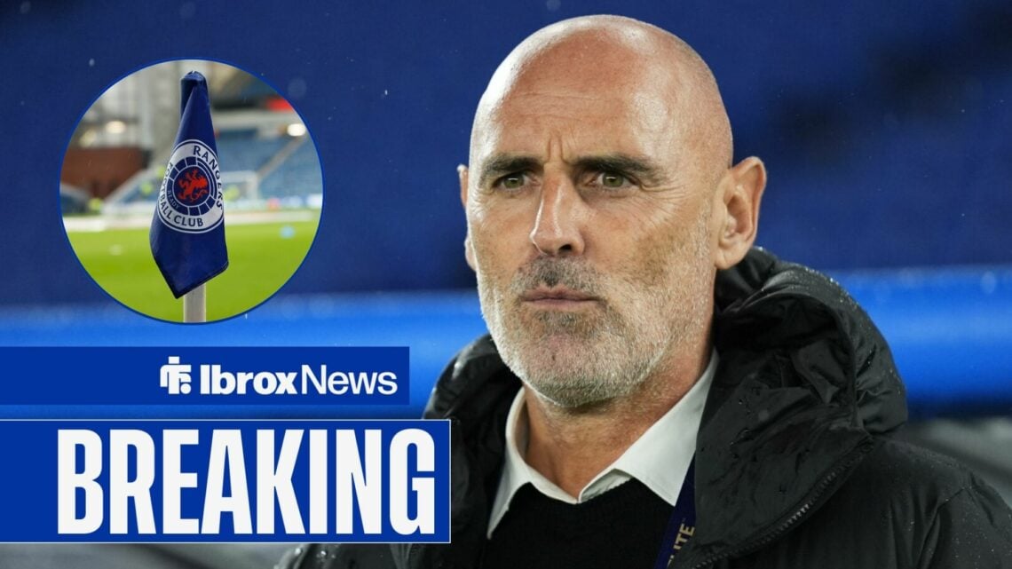 Breaking news as Rangers-linked manager Kevin Muscat stares solemnly towards a corner flag at Ibrox, which features in a circular inset.