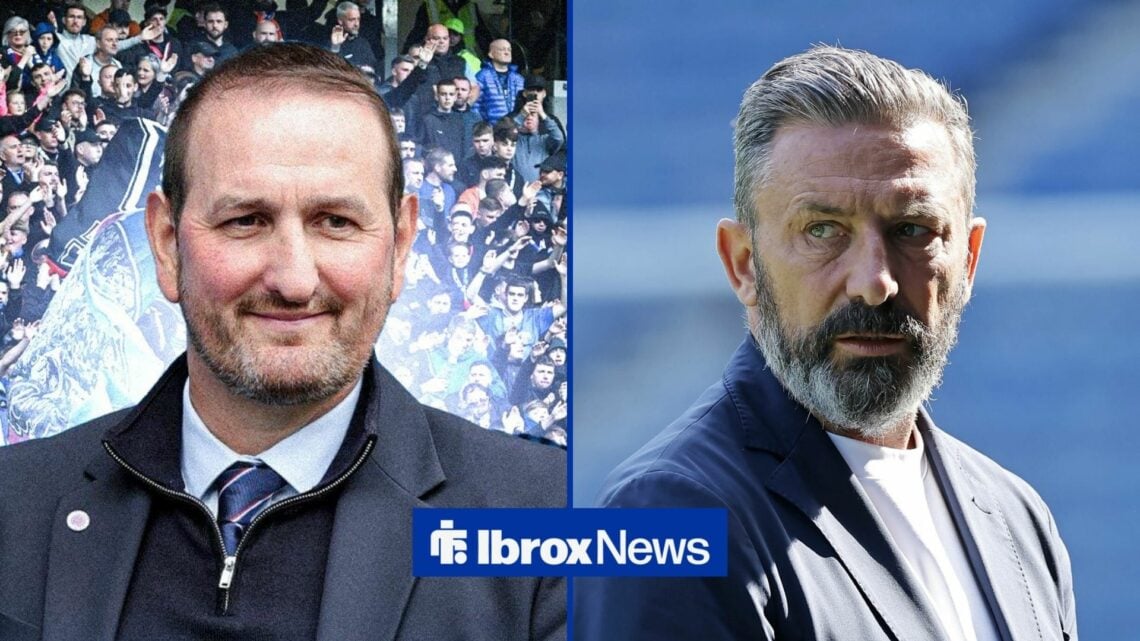 A split image as Rangers sporting director Kevin Thelwell smiles across at Hearts manager Derek McInnes, who returns his glance with a steely expre...