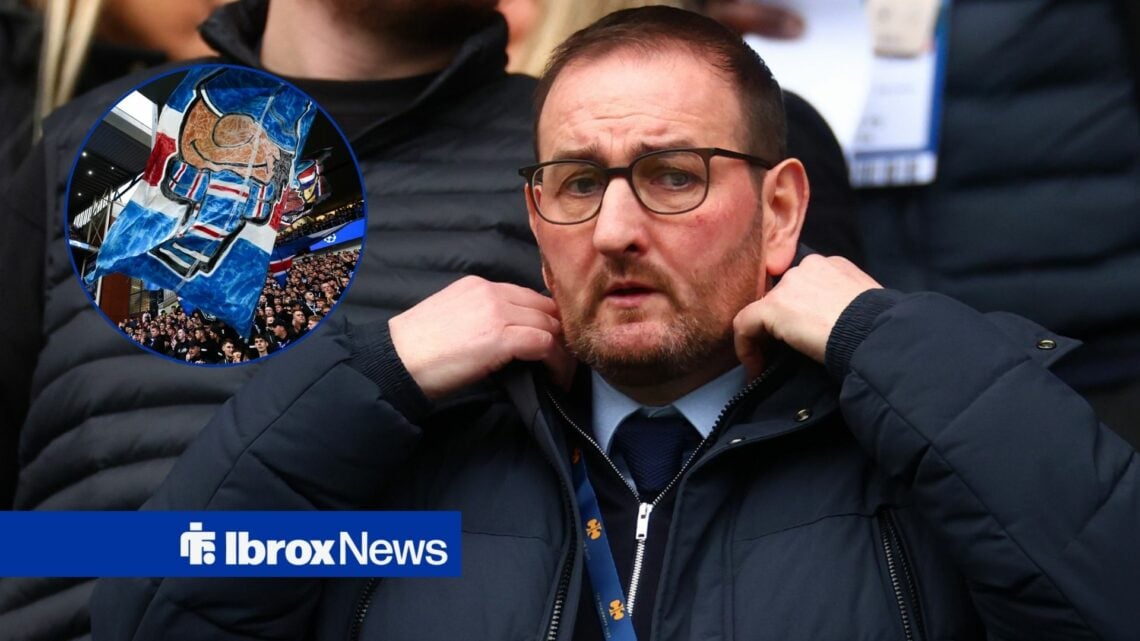 Rangers chief Kevin Thelwell looking worried, Ibrox fans in inset.