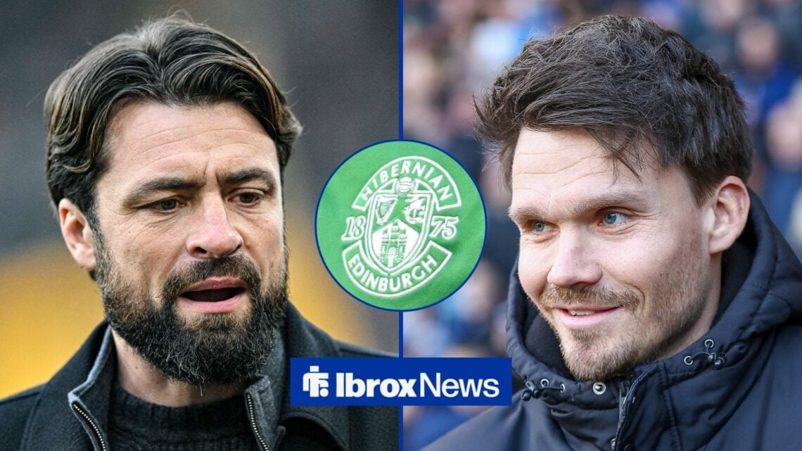 Russell Martin looking upset at Danny Rohl smiling with Hibernian badge in circular inset