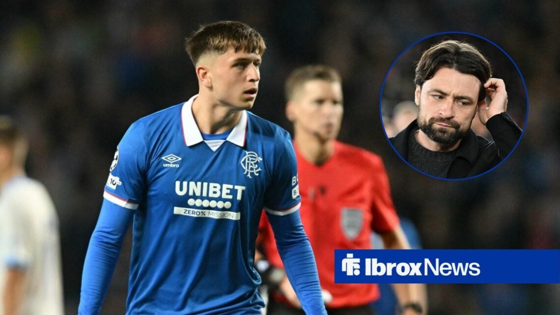 Rangers star Mikey Moore looking upset, Russell Martin in inset.