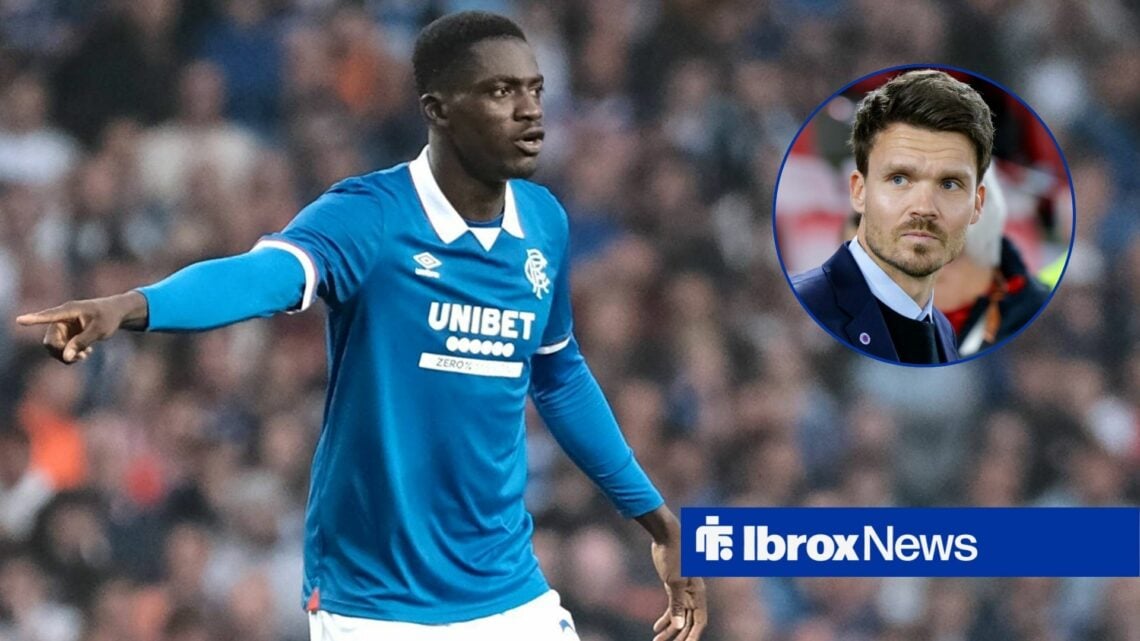Rangers defender Nasser Djiga points to his right during a game, as manager Danny Rohl looks concerned in a circular inset.