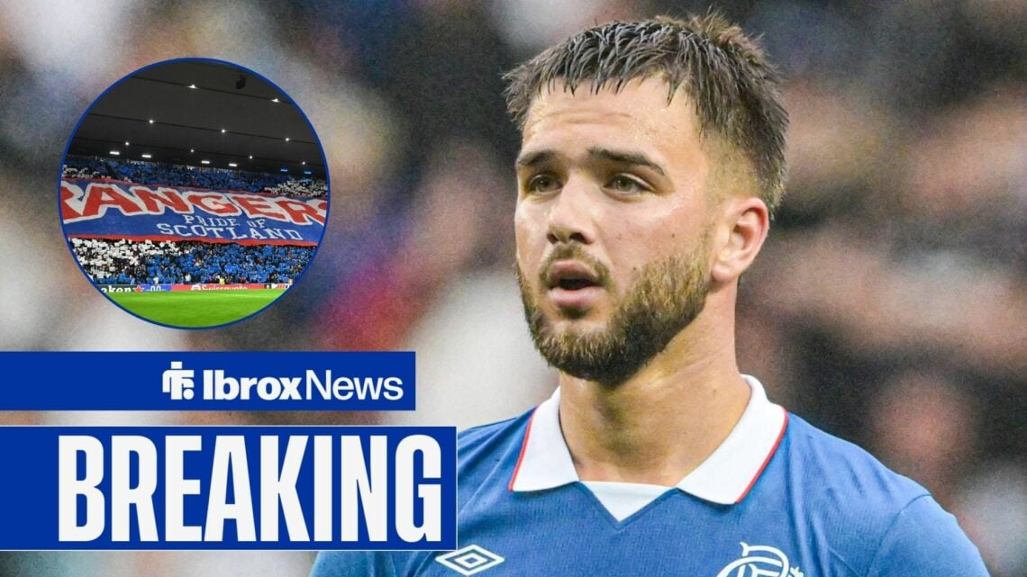Breaking news as midfielder Nicolas Raskin stares towards a circular inset, where Rangers fans hold up a tifo at Ibrox.