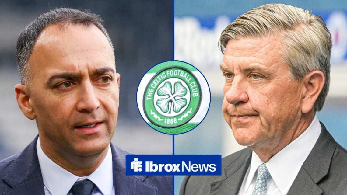 Rangers chiefs Paraag Marathe and Andrew Cavenagh, Celtic badge in inset.