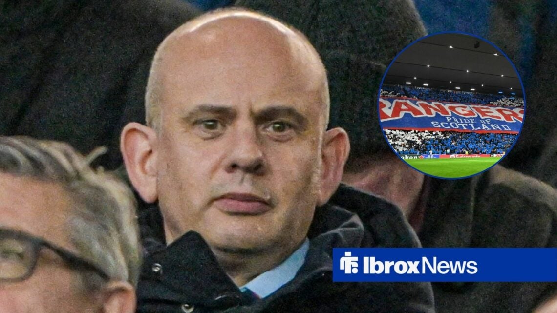 Rangers CEO Patrick Stewart looks concerned in the stands as Rangers fans hold up a display in a circular inset.
