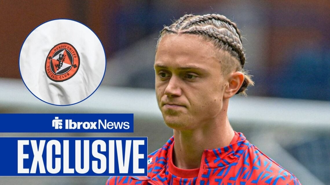 Rangers midfielder Thelo Aasgaard and Dundee United badge