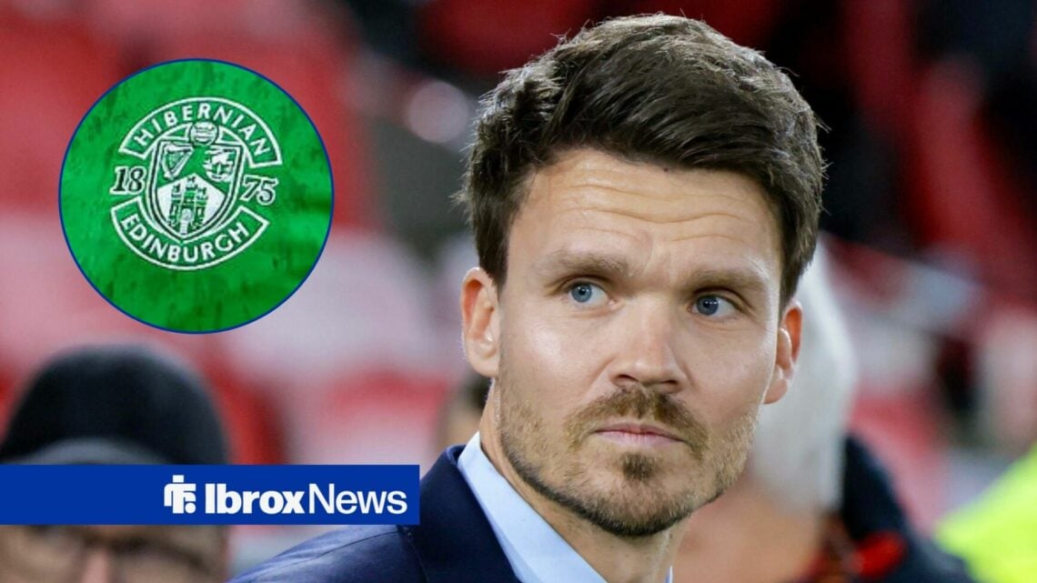 Rangers boss Danny Rohl looking concerned, Hibernian badge in inset.