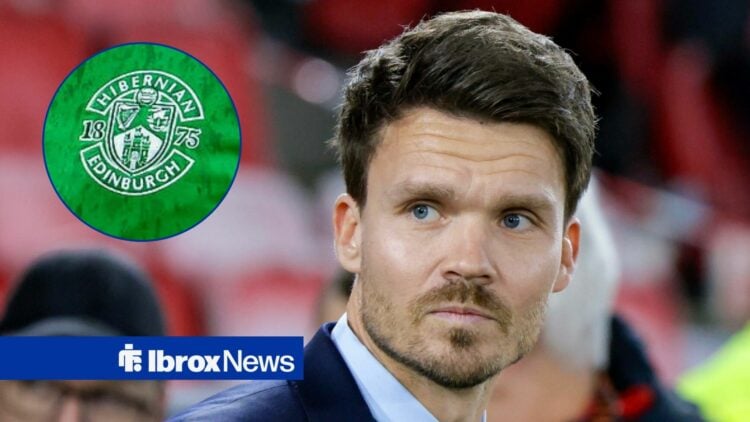 Rangers boss Danny Rohl looking concerned, Hibernian badge in inset.