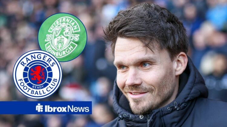 Danny Rohl smiling and Rangers and Hibernian badges in circular insets