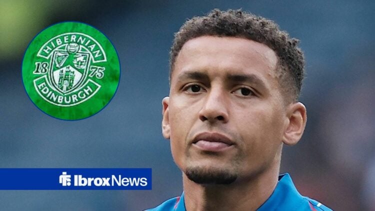 Rangers star James Tavernier in action, Hibernian badge in inset.