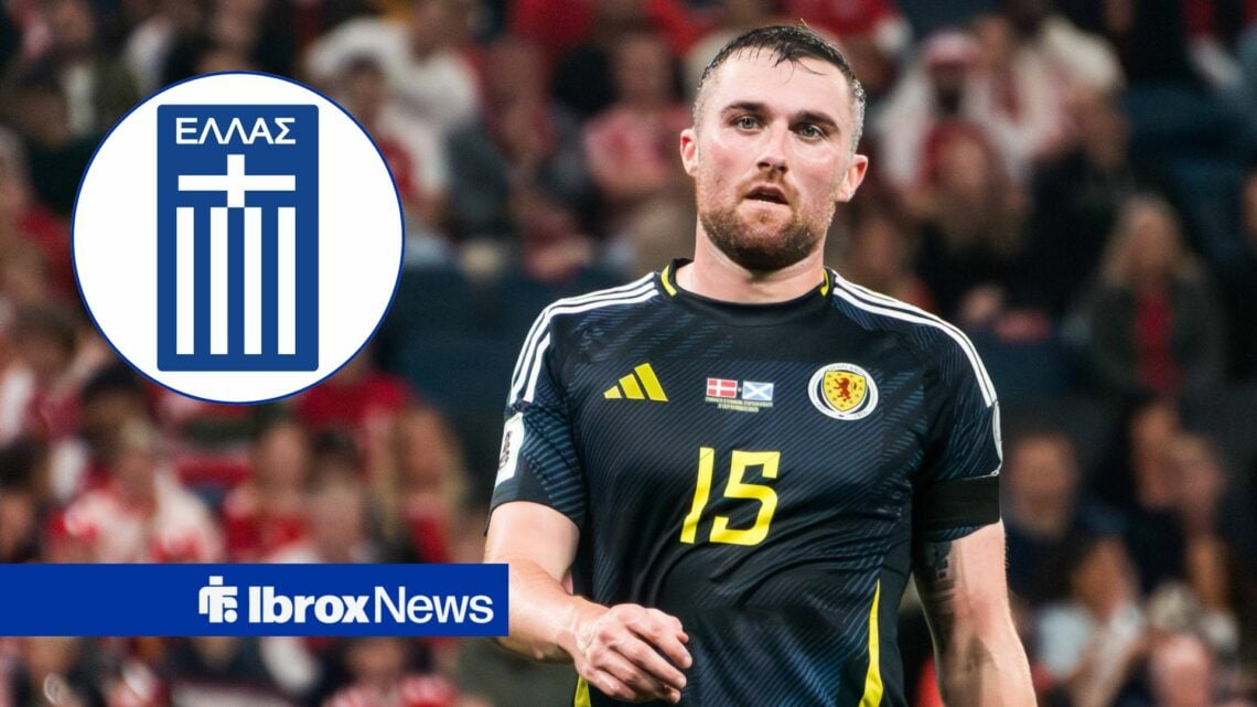 Rangers and Scotland star John Souttar looking miffed, Greece FA badge in inset.