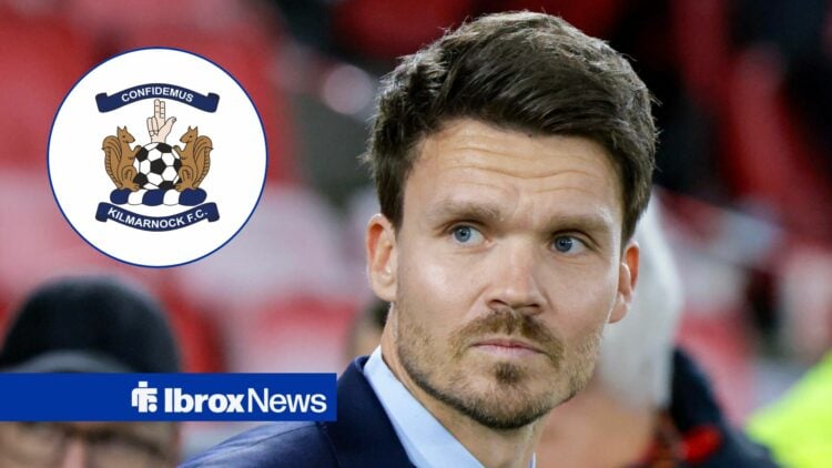 Rangers boss Danny Rohl looking worried, Kilmarnock badge in inset.
