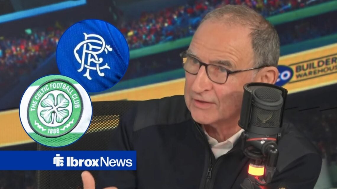 Martin O'Neill with Celtic and Rangers badges in inset.
