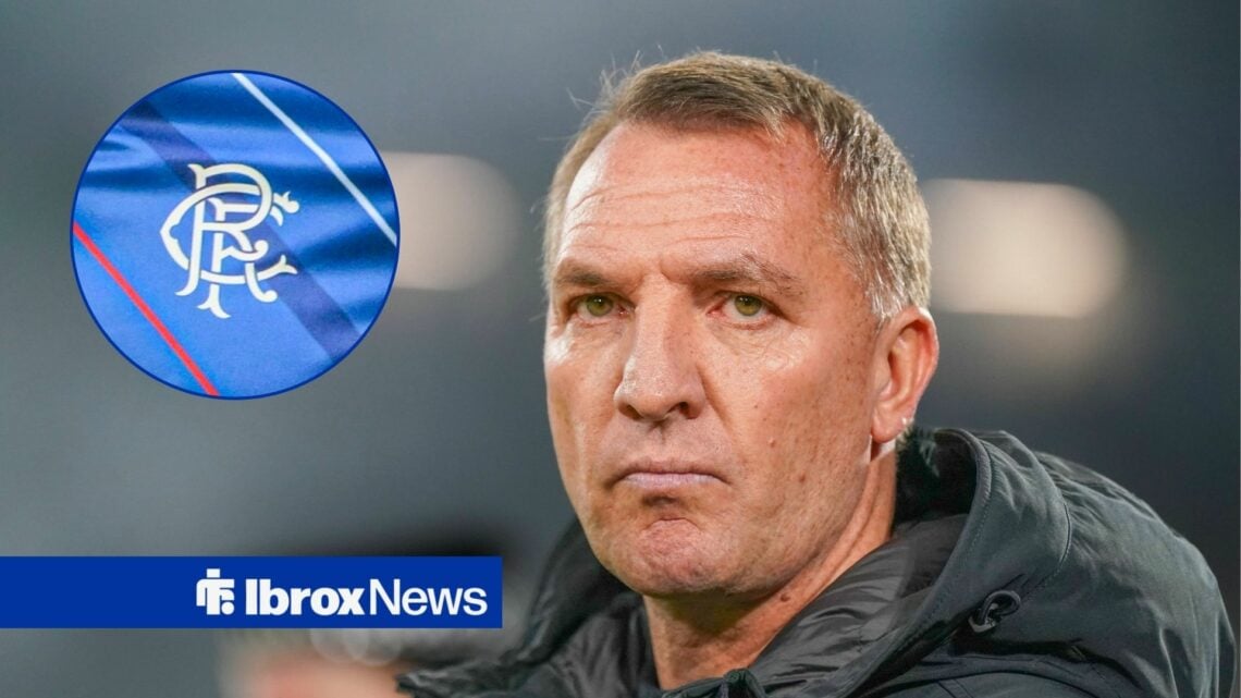 Celtic manager Brendan Rodgers and Rangers badge in circular inset