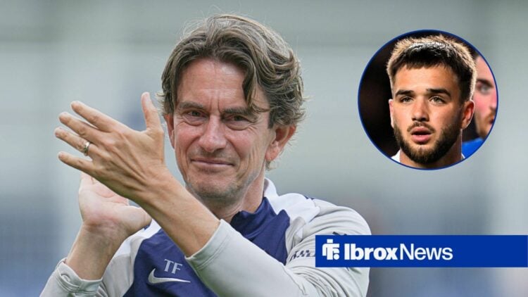 Tottenham boss Thomas Frank and Rangers midfielder Nicolas Raskin in circular inset