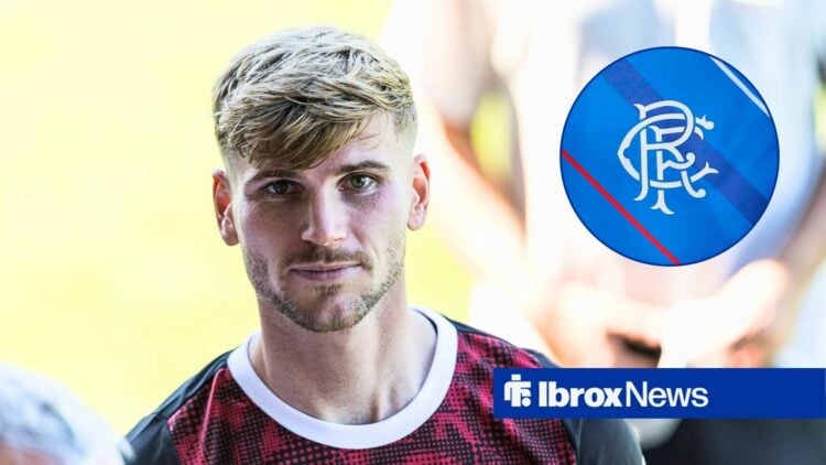 RB Leipzig forward Timo Werner and Rangers logo in circular inset