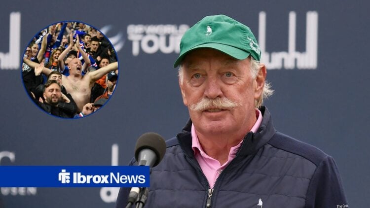 Celtic supremo Dermot Desmond, Rangers fans celebrating in inset.