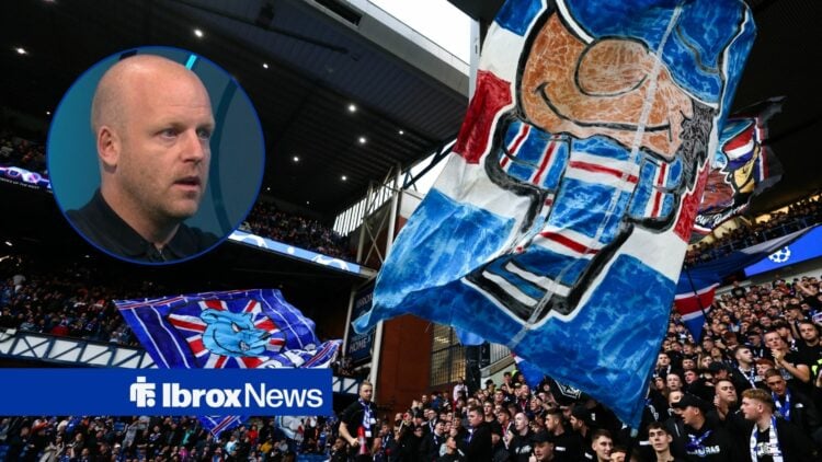 Rangers fans wave flags at Ibrox as Steven Naismith watches on from a circular inset.