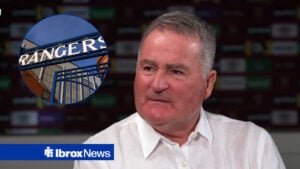Richard Keys looking angry, Rangers stadium, Ibrox in inset.