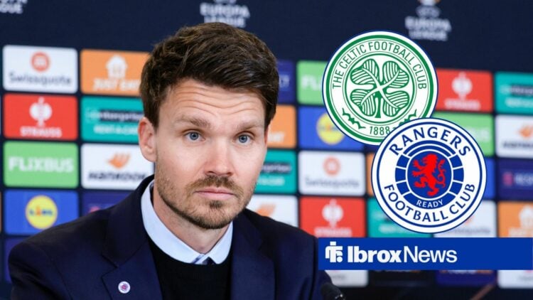 Rohl in a press conference looking at Celtic and Rangers badges in circular insets
