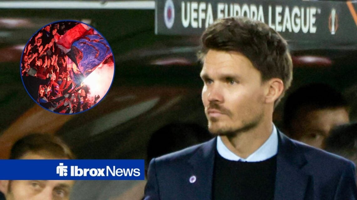 Danny Rohl in dugout looking focused and Rangers fans in circular inset