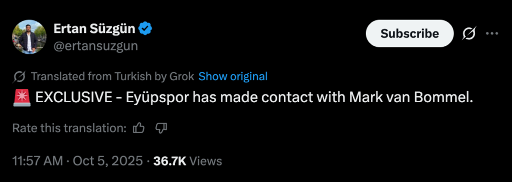 X post from journalist Ertan Suzgun about about Eyupspor contacting Mark Van Bommel