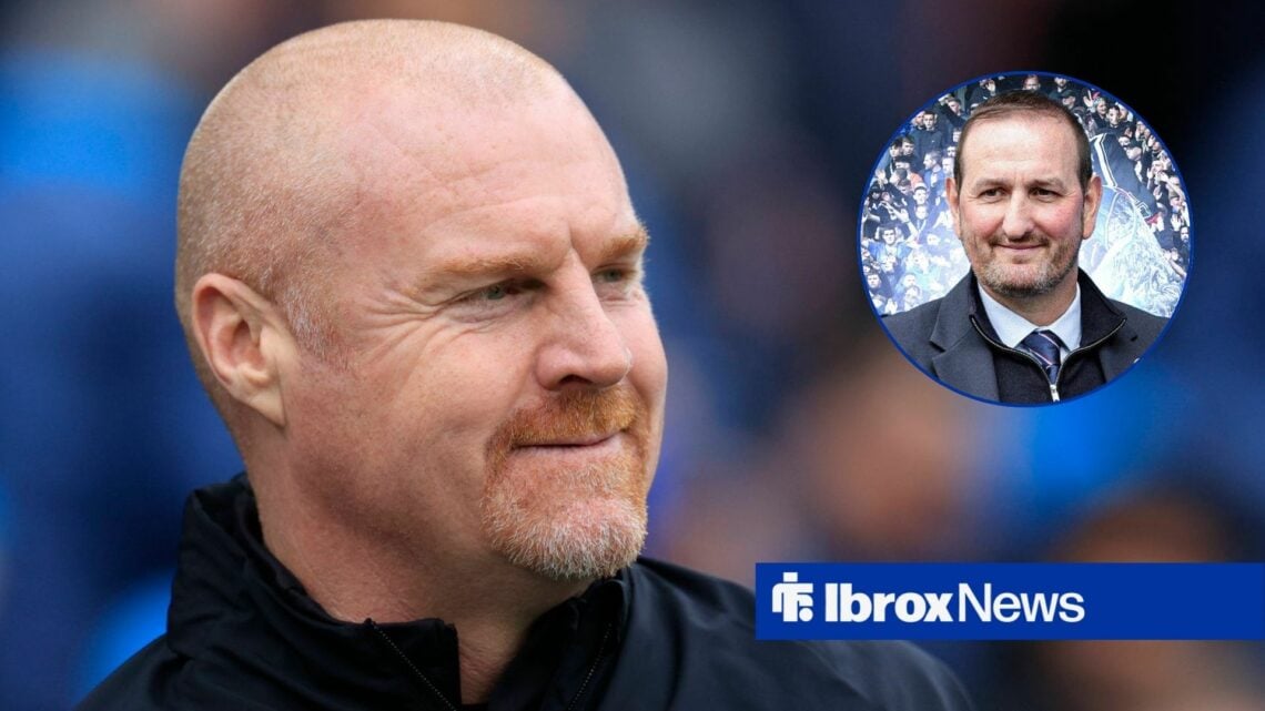 Rangers-linked manager Sean Dyche smiles in the direction of a circular inset, where Rangers' sporting director Kevin Thelwell glances back.