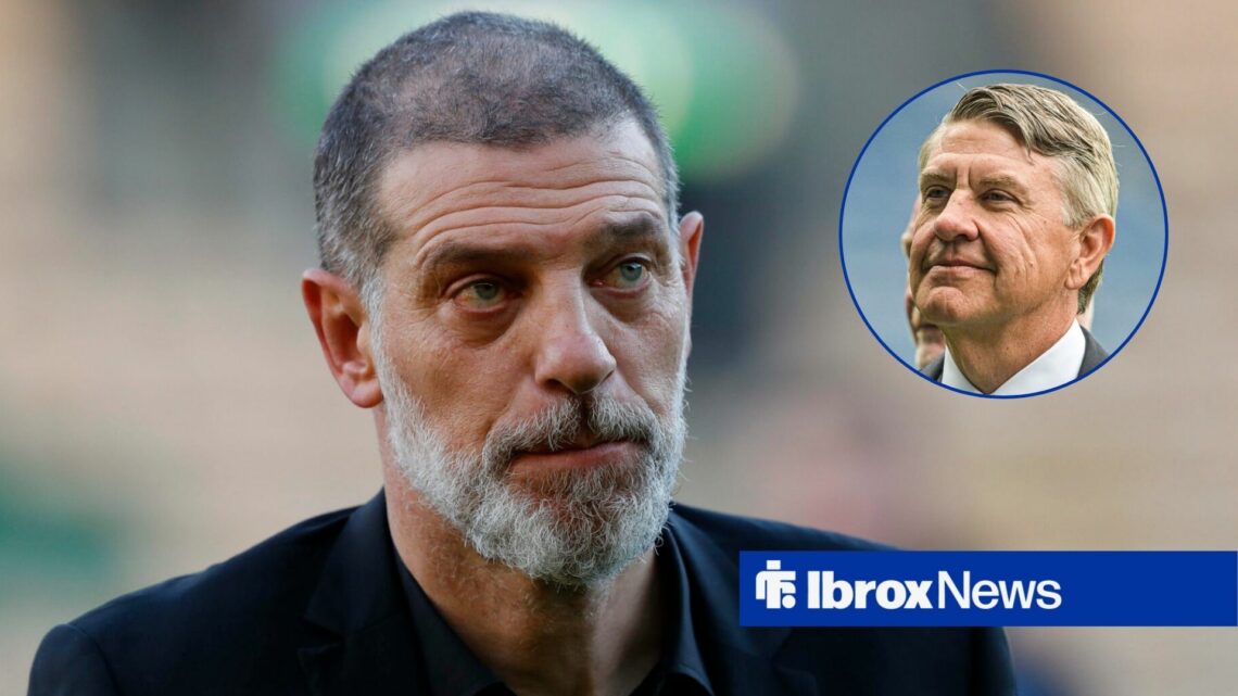 Slaven Bilic stares expectantly towards a circular inset, where Rangers chairman Andrew Cavenagh smiles back at him.