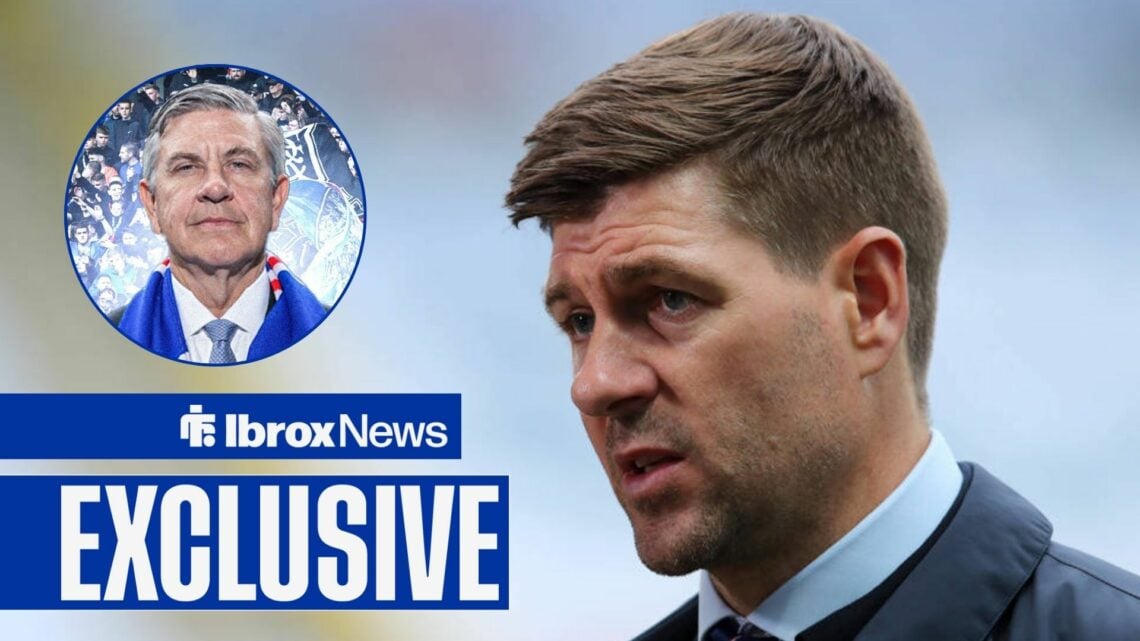 Ibrox News exclusive as ex-Rangers manager Steven Gerrard stares towards a circular inset, where owner Andrew Cavenagh stands with a club scarf aro...