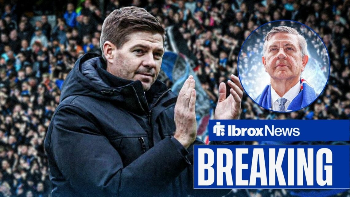 Breaking news as Rangers-linked manager Steven Gerrard applauds towards a circular inset, where chairman Andrew Cavenagh stands proudly.