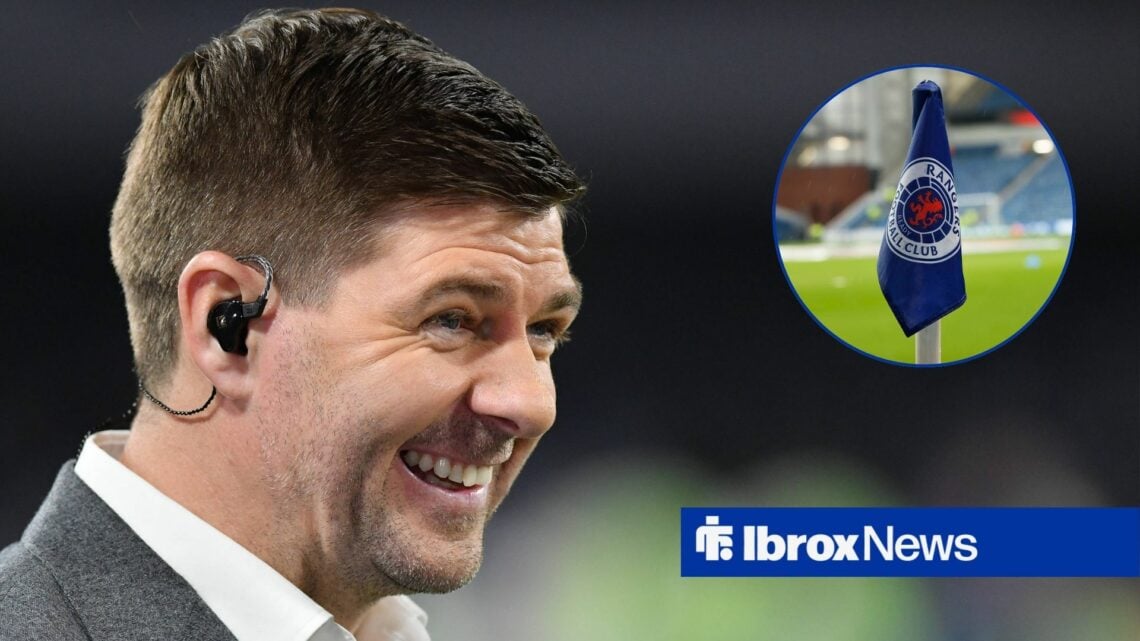 Former Rangers manager Steven Gerrard smiles towards a circular inset, which features a corner flag at Ibrox.