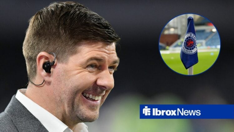 Former Rangers manager Steven Gerrard smiles towards a circular inset, which features a corner flag at Ibrox.