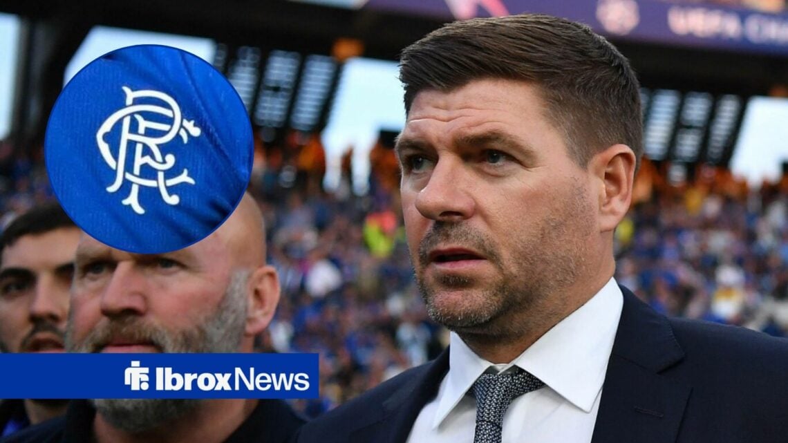 Steven Gerrard looking looking concerned, Rangers badge in inset.