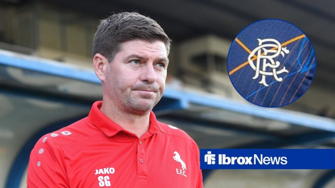 Steven Gerrard looking worried, Rangers badge in inset.