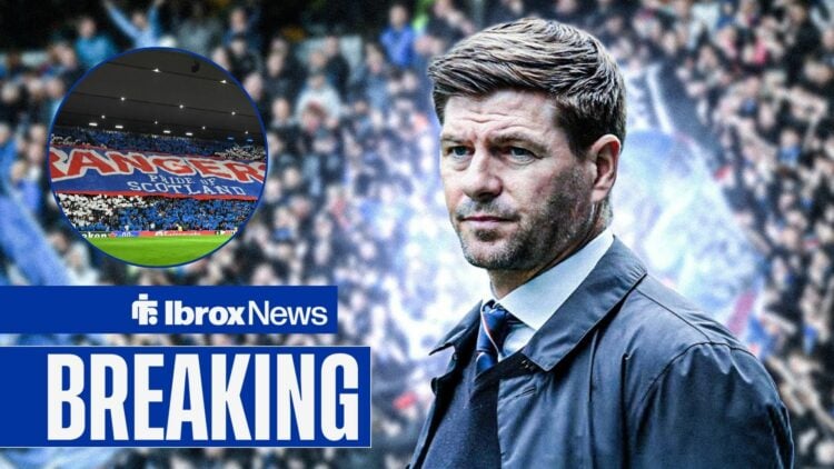 Breaking news as Rangers-linked manager Steven Gerrard stares towards a circular inset, where Rangers fans hold up a banner at Ibrox.