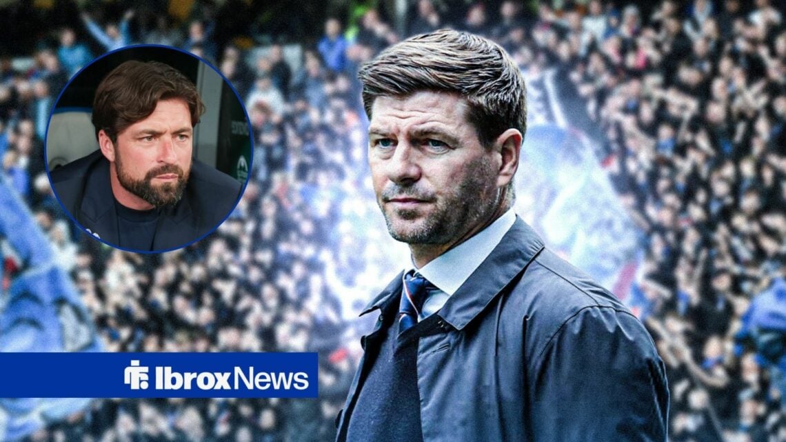Steven Gerrard with Ibrox behind him, ex-Rangers boss Russell Martin in inset.