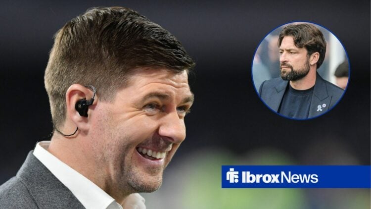 Steven Gerrard looking happy, ex-Rangers boss Russell Martin looking stern.