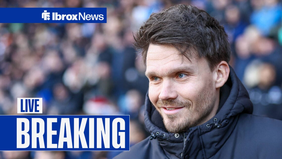 Danny Rohl smiles. To the left of him is the Ibrox News logo and a 'breaking news' tag.