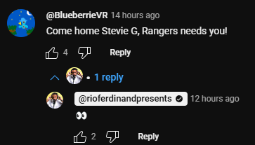 Rio Ferdinand leaves an eyes emoji in response to Rangers' fans question about Gerrard