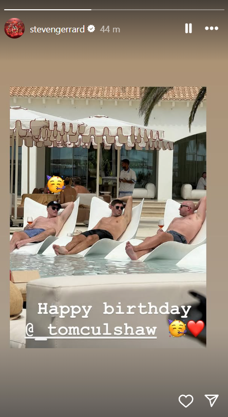 A screenshot of Steven Gerrard's Instagram story, which features him and former Rangers coach Tom Culshaw sat on sun loungers.
