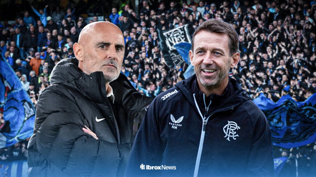 Kevin Muscat and Neil McCann watching on with Ibrox in background
