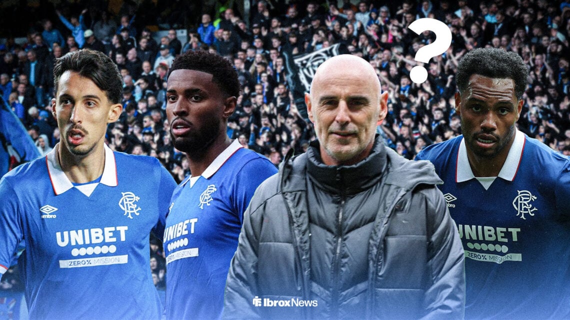 Kevin Muscat standing at Ibrox surrounded by Bojan Miovski and Youssef Chermiti and Danilo playing for Rangers