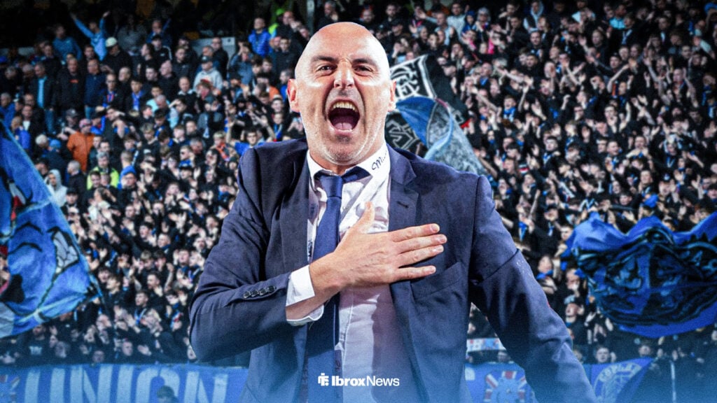 Kevin Muscat beating his chest with Ibrox in background